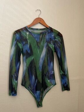 Sheer Long-Sleeve Floral-Print Bodysuit - Green/Blue